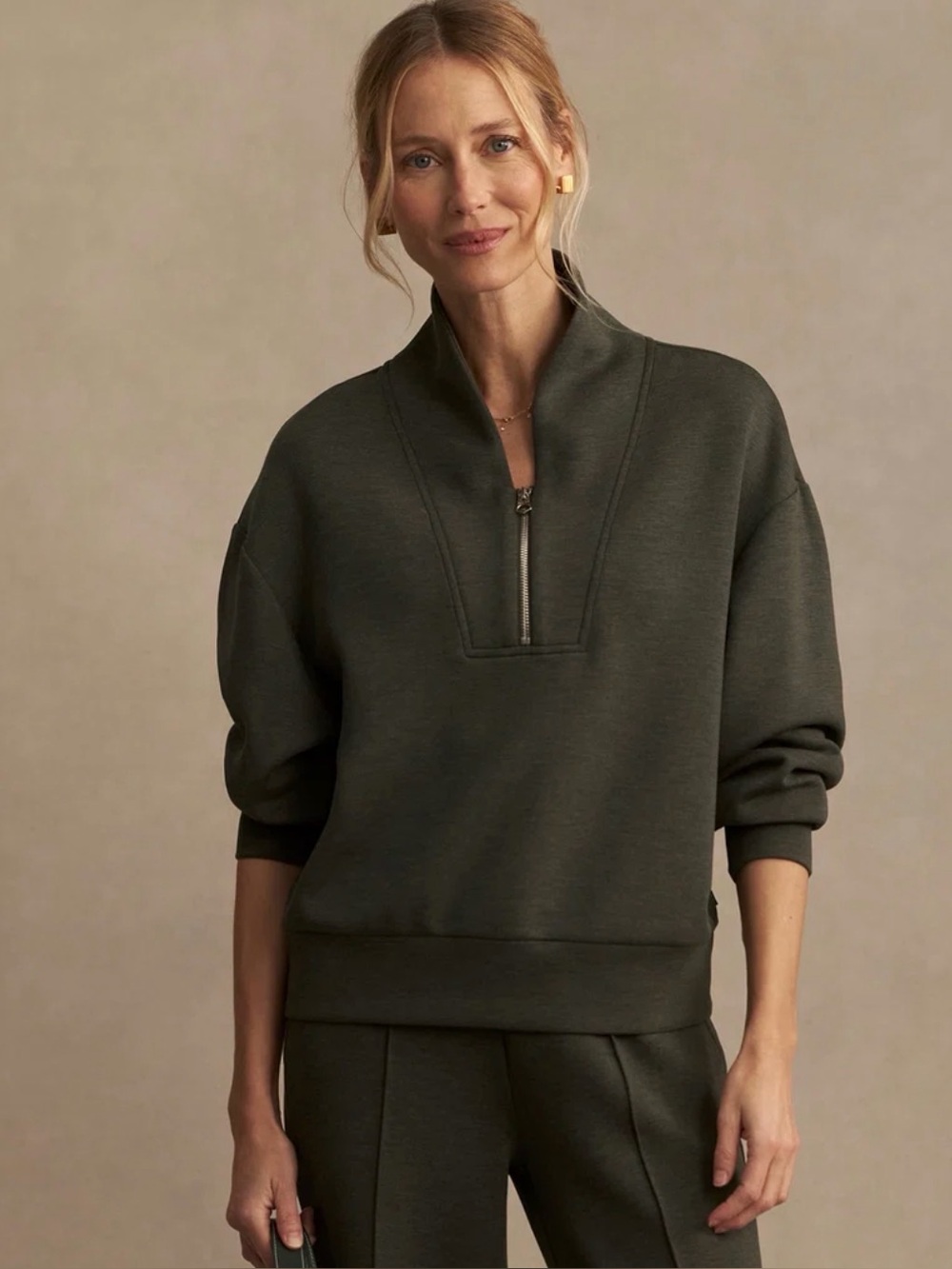Varley Davidson Sweat in Olive Marl; Woman’s Half-Zip Pullover Sweater